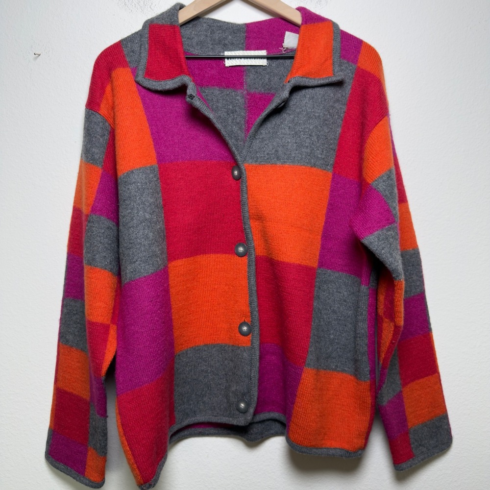 VTG Marisa Christina Women Wool Cardigan XL Colorblock Checkered Maximalist